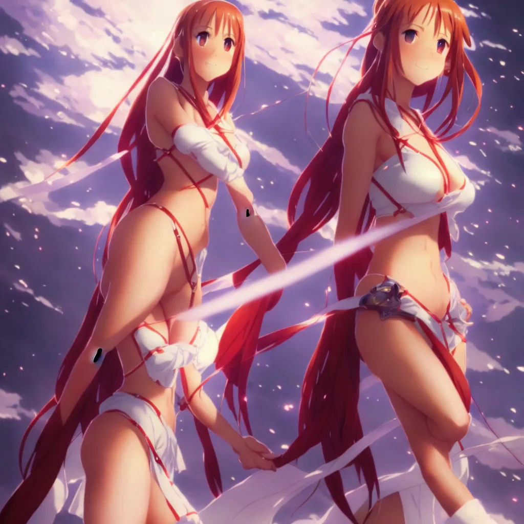 Image similar to beautifu photo of asuna from sao, asuna by a - 1 pictures, by greg rutkowski, gil elvgren, enoch bolles, glossy skin, pearlescent, anime, maxim magazine, very coherent