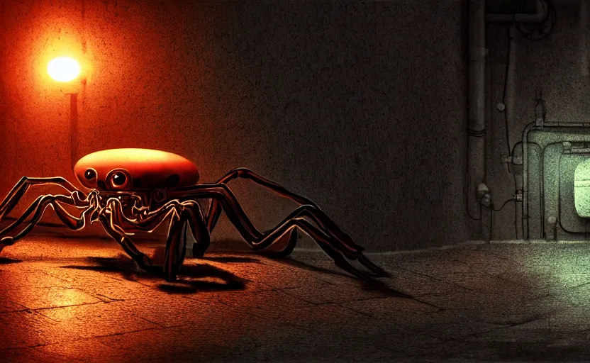 Image similar to mechanical spider in a large dimly lit sewer, ultra detailed digital art, fine drawing, hyper real, 4 k, moody lighting, warm colors