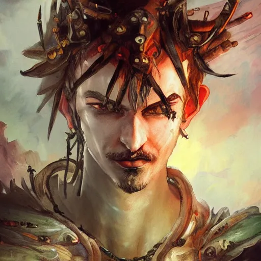 Image similar to Bismark Boy Chaos Myrmidon Portrait Portrait Portrait Planescape Torment Vagrant Story Final Fantasy Character Time Druid Face Head Eyes Jordan Grimmer Oleg Zherebin Till Freitag Tamas Medve Todor Hristov Ilya Repin