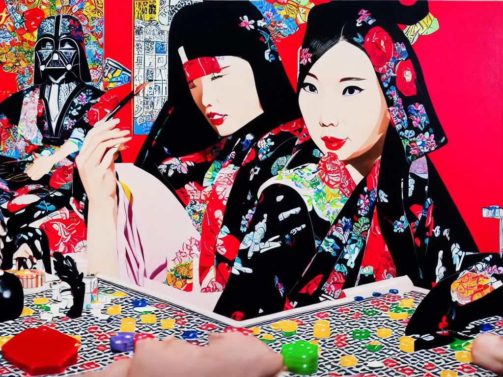 Image similar to hyperrealism composition of the detailed woman in a japanese kimono sitting at an extremely detailed poker table with darth vader, fireworks on the background, pop - art style, jacky tsai style, andy warhol style, acrylic on canvas