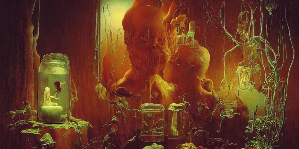 Prompt: dreamscape in a jar, gorgeous lighting, highly detailed, by zdzisław beksinski and norman rockwell and greg rutkowskiweta studio, and lucasfilm