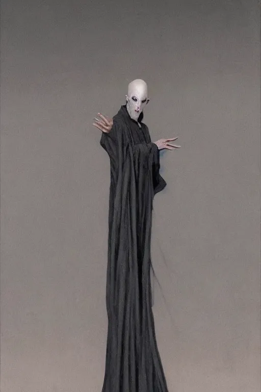 Prompt: a bald vampire wearing a long black robe with large bat ears huge black eyes and gray skin, character art, nosferatu, painting by wayne barlowe