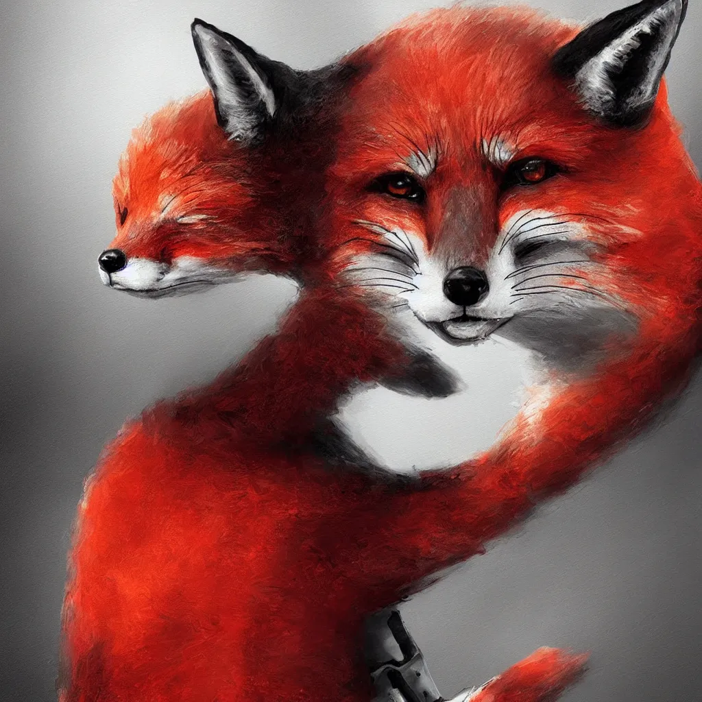 Image similar to a red fox in a hoodie typing on a keyboard, dark tones, concept art, stroke painting, highly detailed
