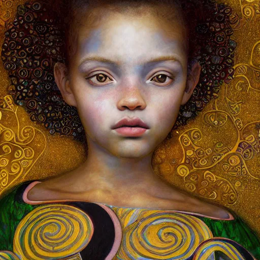 Prompt: girl green eyes black child in front of a gustav klimt wallpaper by android jones, detailed matte painting, 8k resolution