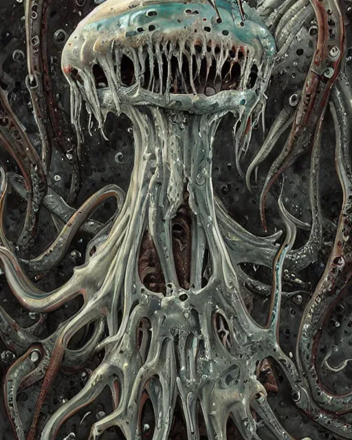 Image similar to Haunting horrifying detailed painting of a tall skinny extraterrestrial squid monster made of gelatinous fluid, floating teeth and bloodshot eyeballs, hyper detailed, trending on Artstation