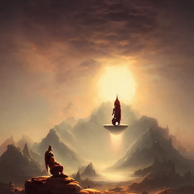 Image similar to in the style of peter mohrbacher, a glowing monk floating and meditating on a rock, dystopian landscape, intricate, masterpiece, award winning, fantasy, hyperrealism intricate