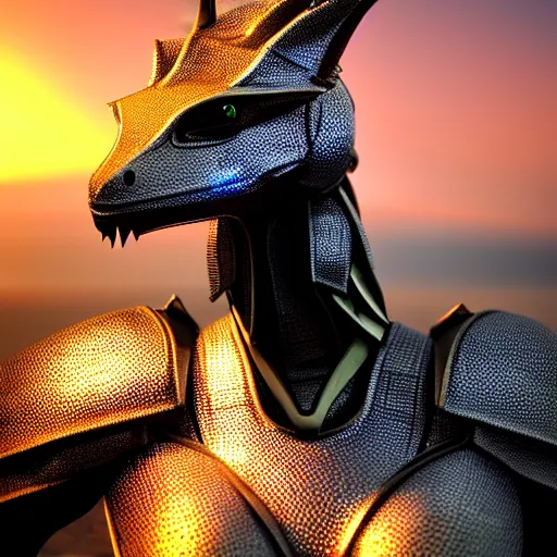 Image similar to close up bust shot, realistic detailed stunning beautiful armored anthropomorphic humanoid female robot dragon, looking to the side, sleek streamlined armor and design made of steel, sharp claws and sharp teeth, Slick LEDs, standing on two legs, on the beach during sunset, high quality, cinematic art, sunset lighting, artstation, deviantart, furaffinity