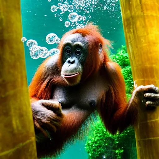 Prompt: an orangutan swimming underwater, bubbles, high quality photo