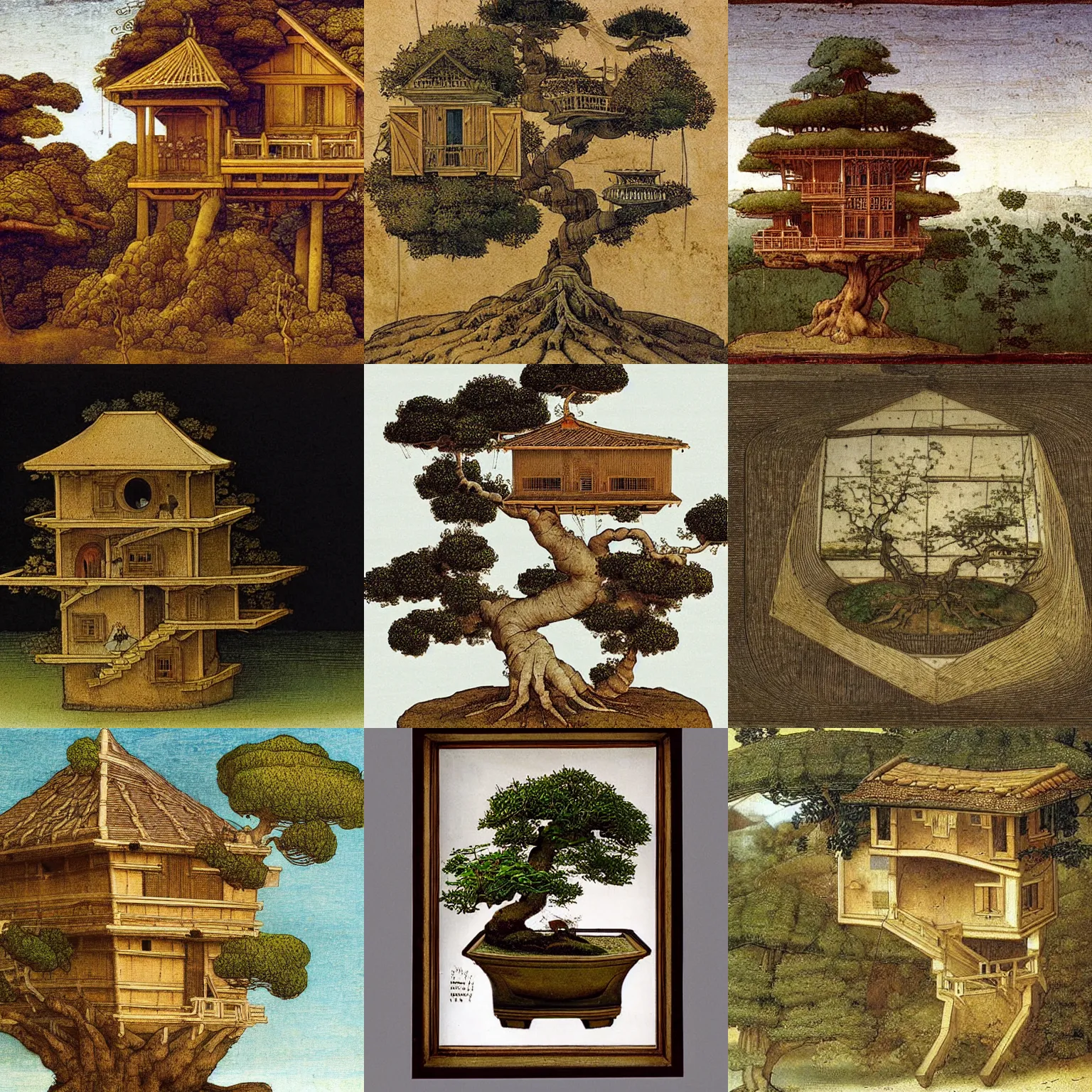 Prompt: An illustration by Leonardo da Vinci of a Bonsai tree house