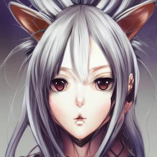 Image similar to A detailed frontal portrait sketch of a catgirl, By shirow masamune, WLOP, Avetetsuya Studios, colored sketch anime manga panel, trending on artstation, pixiv art, smooth, artgem, elegant, highly detailed, pixiv trending, anime inspired, by studio trigger, attractive character