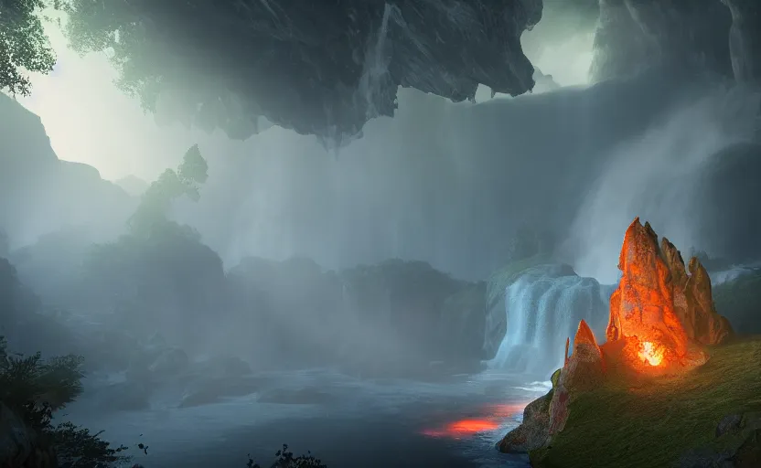 Image similar to a beautiful and stunning professional digital artwork of a glowing infernal cave, haze, smoke floating in the air, waterfall, volumetric lighting, hyperrealistic, rtx on, ultra detail