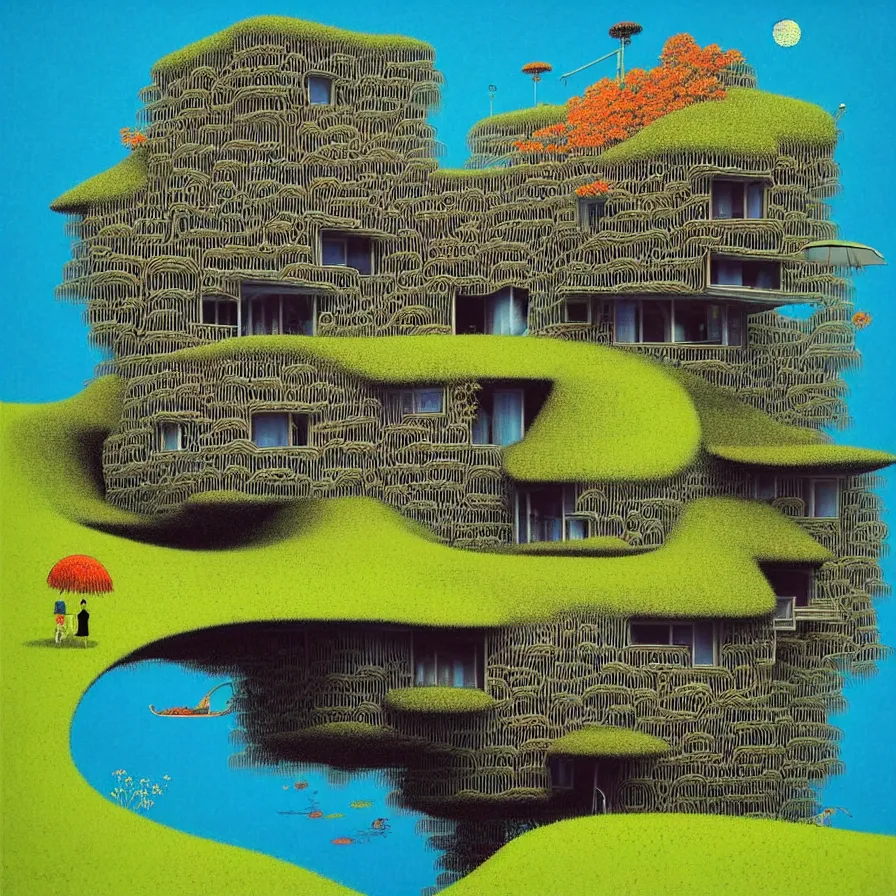 Image similar to surreal glimpse into other universe, a house by kengo kuma on an island, summer morning, very coherent and colorful high contrast, art by!!!! gediminas pranckevicius!!!!, geof darrow, floralpunk screen printing woodblock, dark shadows, hard lighting, stipple brush technique,