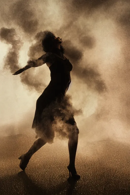 Image similar to a woman made of smoke, dancing, atmospheric, octane render, volumetric light