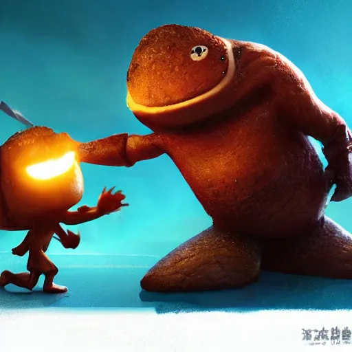 Image similar to battle toast, a slice of toasted bread with a face, arms and legs, holding a sword, cute, pixar, volumetric lighting, dynamic composition, fantasy, hyper detailed, ultra realistic, sharp focus, octane render, concept art by ruan jia and heng z and artem