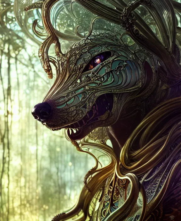 Image similar to intricate ornate opulent transparent clear see - through portrait of a terrifying beautiful male alien wolf, mottled coloring, adorable, childlike, overgrown jungle environment, ultra realistic, concept art, art nouveau, photorealistic, octane render, 8 k, unreal engine. art by christopher marley and artgerm and greg rutkowski and alphonse mucha