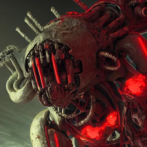 Image similar to a biomechanical horror, half creature half machine, DOOM inspired, realistic octane render