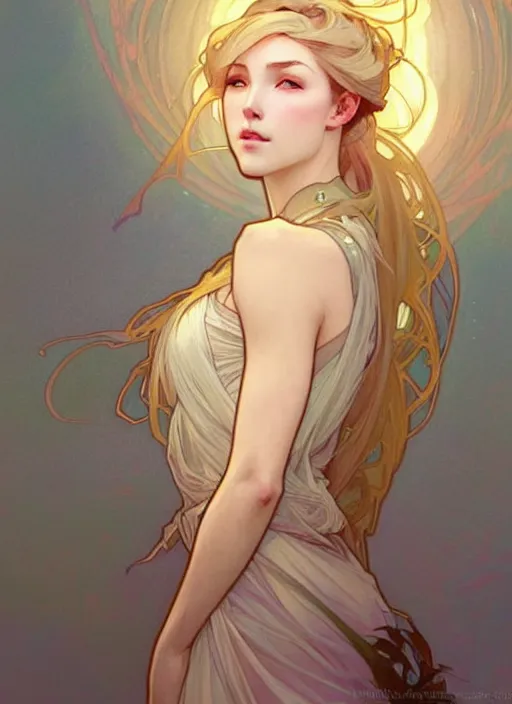 Image similar to digital character concept art by artgerm and greg rutkowski and alphonse mucha. clear portrait of a modern young wife blessed by god to uncontrollably grow overwhelmingly perfect!! blonde, in clothes! feminine well - formed holy body!! light effect. hyper detailed, glowing lights!! intricate, elegant, digital painting, artstation, smooth, sharp focus