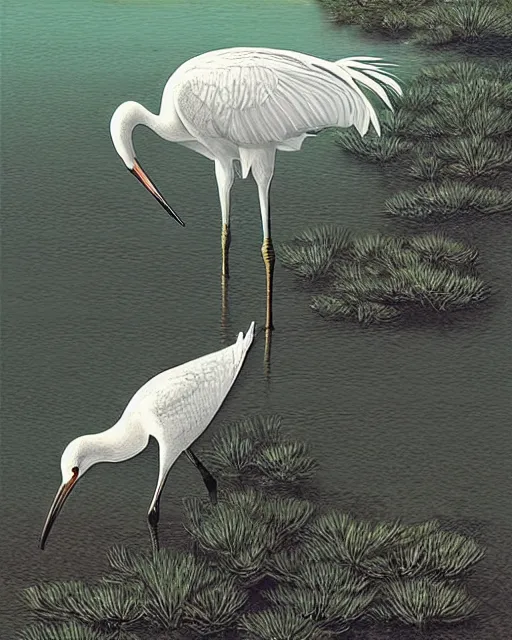 Prompt: a white crane bird hunting in shallow water by abandoned greek architecture, digital art, illustrated by james gurney and victo ngai