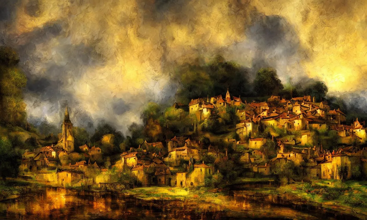 Prompt: breathtaking oil painting with palette knife, a medieval village landscape in luxurious nature, with intricate art nouveau moody dark tumultuous clouds, at dawn with roses and golden petals flying, rembrandt style, concept art, matte, palette knife painting, by georgia hart,