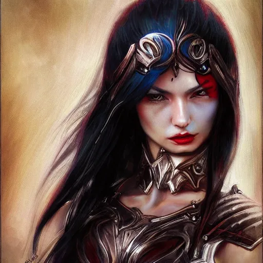 Prompt: fantasy woman, long black hair, red armor, blue eyes, highly detailed, perfect facial detail, beautiful, elegant, sharp focus, depth of field, ambient occlusion, high fantasy, style of artgerm, rutkowski, giacometti,