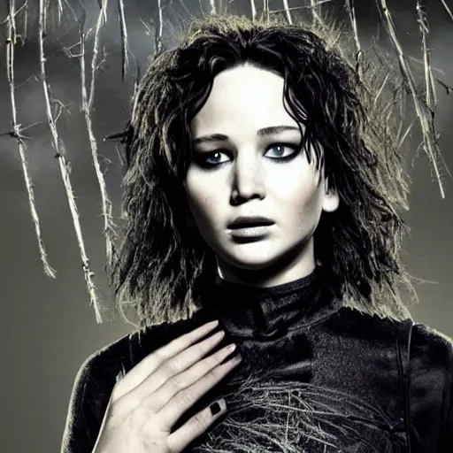 Image similar to Jennifer Lawrence as Eddy Scissorhands in Edward Scissorhands Remake, (EOS 5DS R, ISO100, f/8, 1/125, 84mm, postprocessed, crisp face, facial features)