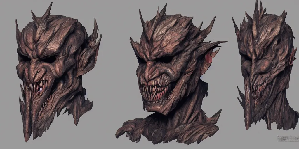 Prompt: lieutenant demon wooden mask design, character sheet, 3d render, Greg Rutkowski, Zabrocki, Karlkka, Jayison Devadas, Phuoc Quan, trending on Artstation, 8K, ultra wide angle, zenith view, pincushion lens effect