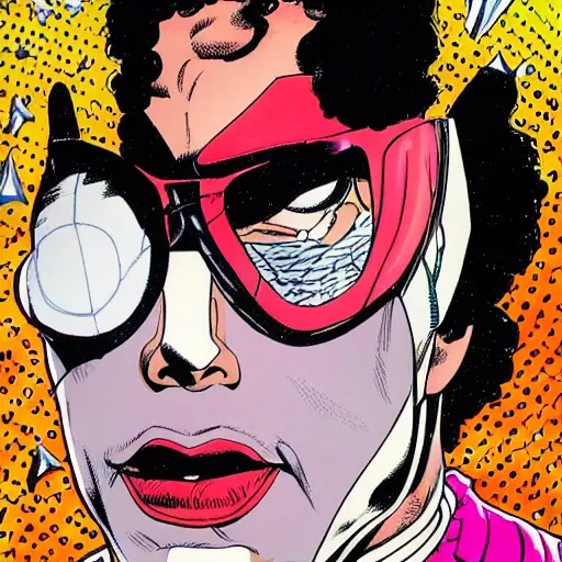 Image similar to dynamic macro head portrait of beautifu michael jackson super hero in white sequined jacket by john romita sr and cory walker and ryan ottley and jack kirby and barry windsor - smith, comic, illustration, photo real