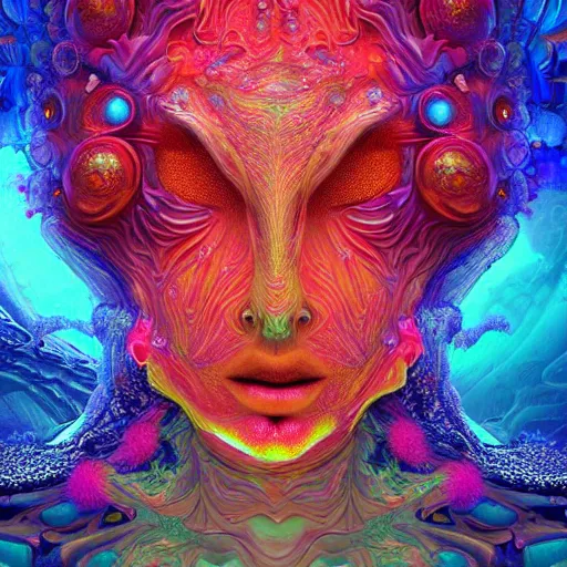 Image similar to Face of a Alien Deity, corals, plume made of fractals, extremly detailed digital painting, in the style of android jones, artwork of a futuristic artificial intelligence superstar, mystical colors, rim light, beautiful lighting, 8k, stunning scene, raytracing, octane, under water visual distortion, trending on artstation