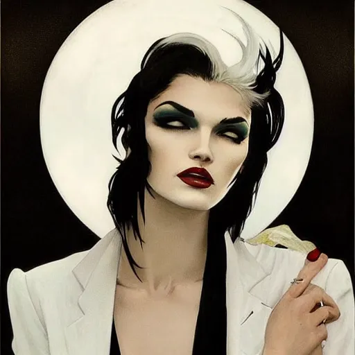 Image similar to stunning portrait of androgynous ruby rose as desire from sandman in a white tuxedo!!!, rockabilly style, by frank moth, by alphonse mucha, by jeremy mann, by peter lindbergh, dave mckean, white suit and black tie, soft lightning, high detailed, 8 k