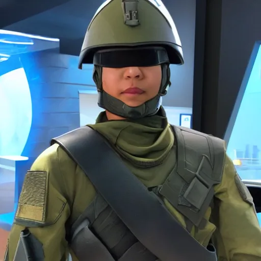 Image similar to a futuristic soldier captain with a metal visor and a blue shoulderpad