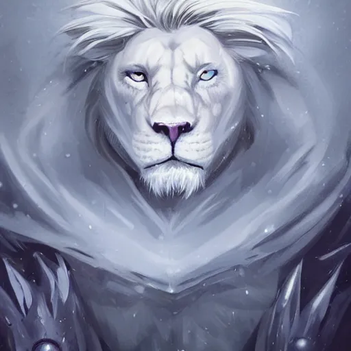 Image similar to anthropomorphic male muscular albino white lion, wearing beautiful game of thrones outfit, darkness aura, fantasy, mysterious low key lighting, winter blizzard atmosphere, high contrast portrait, character design by charlie bowater, ross tran, artgerm, and makoto shinkai, detailed, inked, western comic book art, 2 0 2 1 award winning film poster paintingy