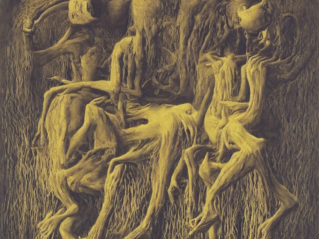 Image similar to The book cover of the last novel by Kafka. Painting by Beksinski, Walton Ford, Rene Magritte, Jean Delville, Max Ernst, Maria Sybilla Merian