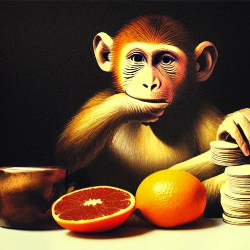 Prompt: monkey holding money, chromatic, crepuscular rays, dslr, caravaggio, citrus, dof