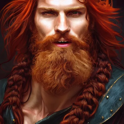 Prompt: portrait of a young ruggedly handsome but joyful pirate, male, masculine, upper body, red hair, long hair, d & d, fantasy, fierce, sharp features, intricate, elegant, highly detailed, digital painting, artstation, concept art, matte, sharp focus, illustration, art by artgerm and greg rutkowski and alphonse mucha