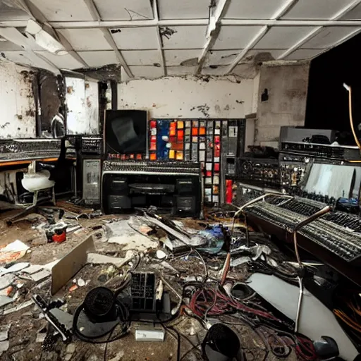 Prompt: a grimy grungy broken down abandoned recording studio full of broken equipment, synthesizers and cables,