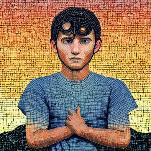 Image similar to a boy in a field with a sky background, a mosaic of screens by jeffrey smith, behance contest winner, generative art, circuitry, fractalism, behance hd