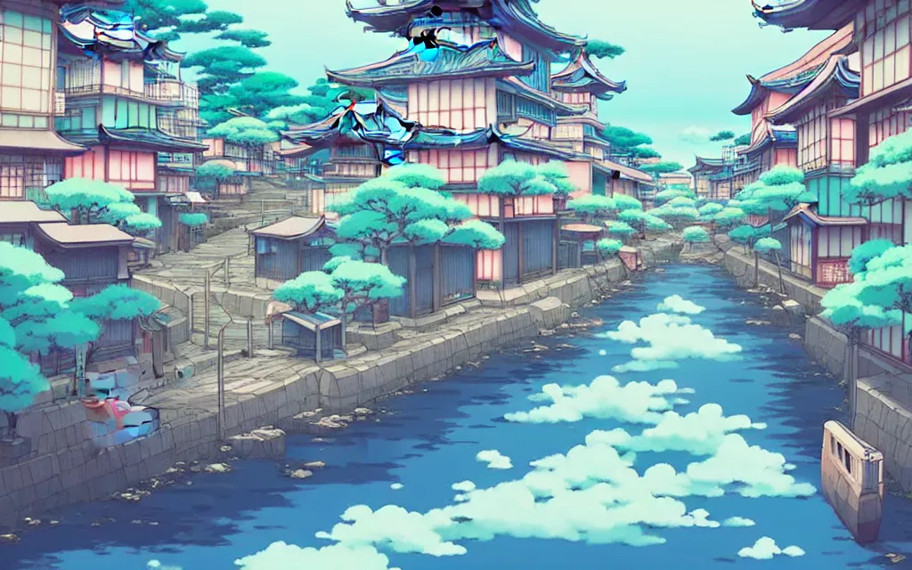 Image similar to a japanese city near the sea, lofi, dreamy, moody, very colorful, anime inspiration, ghibli vibe