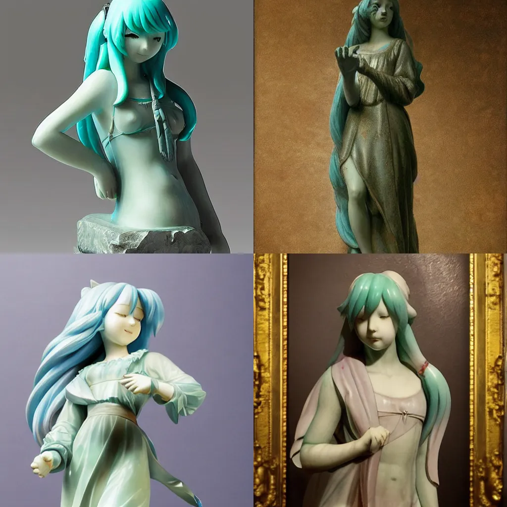 Prompt: hatsune miku, by rembrandt, marble statue, masterpiece