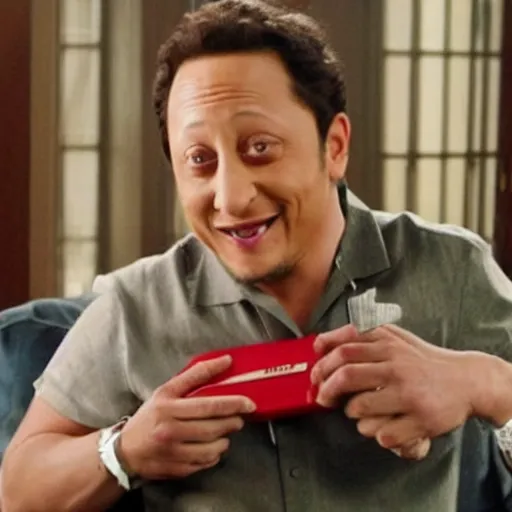 Prompt: rob schneider movie, rob schneider is merged with a giant stapler sitting on a long couch