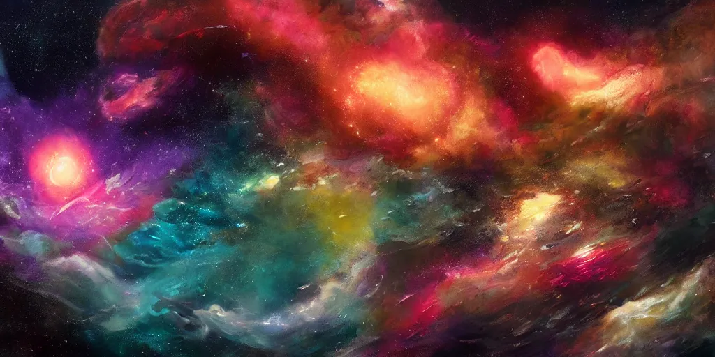 Image similar to painting of sea creatures swimming through space, sea turtles, sting rays whales, colorful nebulas, planets, 8 k resolution in the style of artem demura, jisu