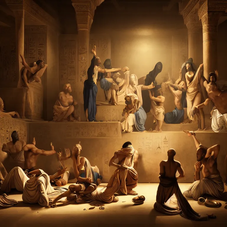 Prompt: a Hip Hop party in ancient egyptian, dreamlike atmosphere, symmetrical baroque painting, perfect composition, beautiful detailed intricate high detailed octane trending on Artstation, 8K fine art photography, photorealistic, soft natural volumetric cinematic perfect light , chiaroscuro, award- winning photography, masterpiece, Raphael, Caravaggio, Greg Rutkowski, Beeple