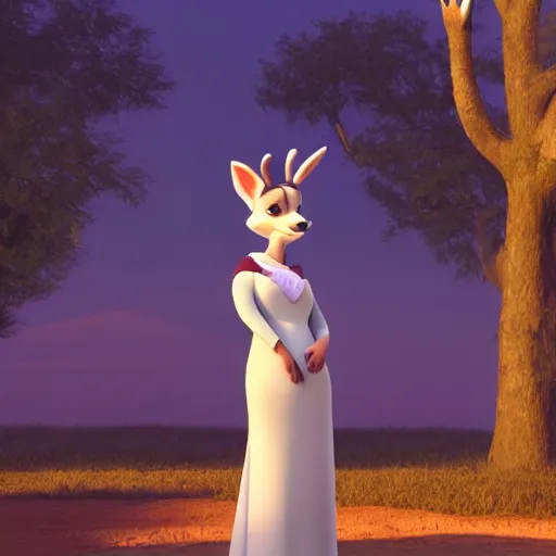 Prompt: portrait, 3 d render, tall slightly chubby anthropomorphic female deer, wearing along long white dress, in the style of zootopia,