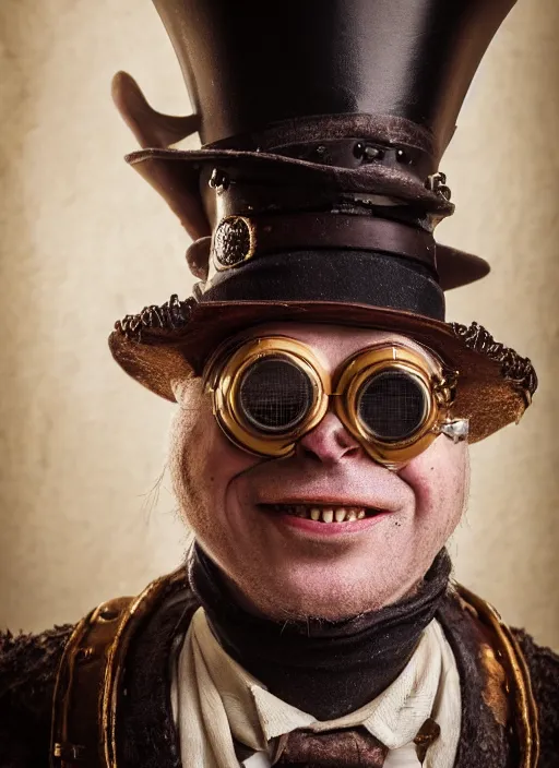 Image similar to closeup portrait of a steampunk medieval goblin wearing a top hat and goggles, depth of field, zeiss lens, detailed, symmetrical, centered, fashion photoshoot, by Annie Leibovitz and Steve McCurry, David Lazar, Jimmy Nelsson, Breathtaking, 8k resolution, extremely detailed, beautiful, establishing shot, artistic, hyperrealistic, beautiful face, octane render