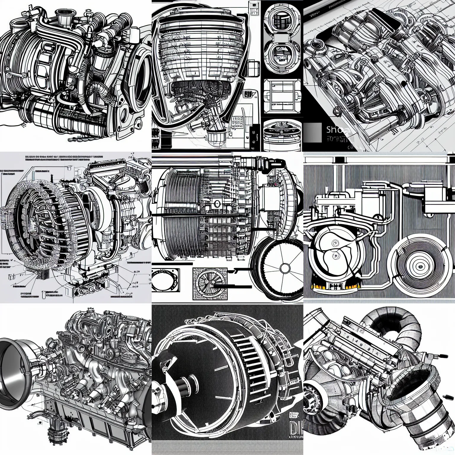 Prompt: technical high - detail drawing of a diesel turbo being taken apart, explosion view cad drawing, in the style of a japanese engineering artist, clean hyperdetailed