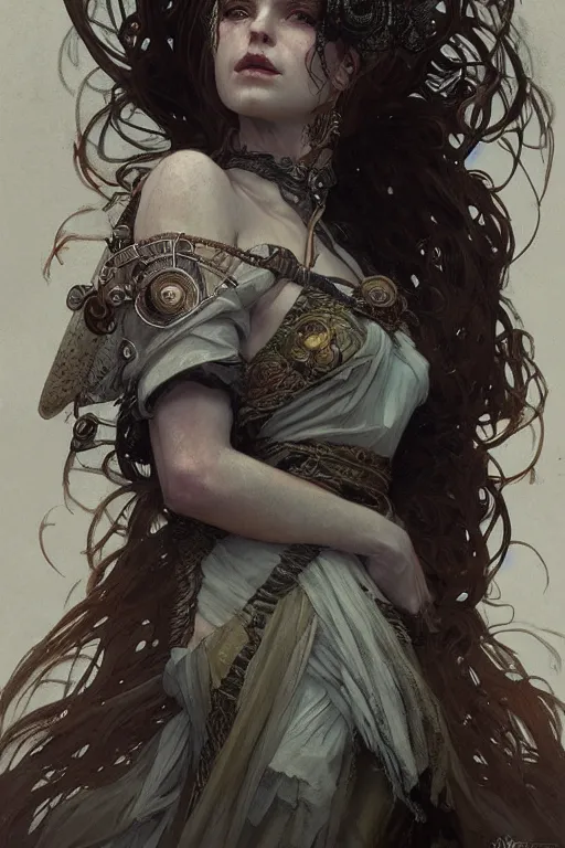 Image similar to A full portrait of a beautiful post apocalyptic celtic blind soothsayer, intricate, elegant, highly detailed, digital painting, artstation, concept art, smooth, sharp focus, illustration, art by Krenz Cushart and Artem Demura and alphonse mucha