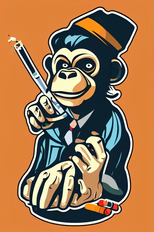 Image similar to Portrait of a Monkey with a cigarette, mafia, gangster, sticker, colorful, illustration, highly detailed, simple, smooth and clean vector curves, no jagged lines, vector art, smooth