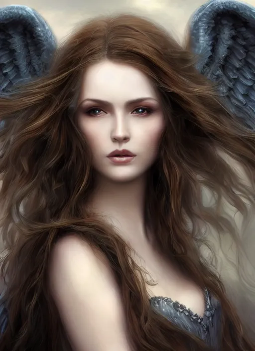 Image similar to a beautiful woman angel big wings, 8 k, sensual, hyperrealistic, high resolution, uhd, hyperdetailed, beautiful face, long hair windy, dark fantasy, fantasy portrait by laura sava