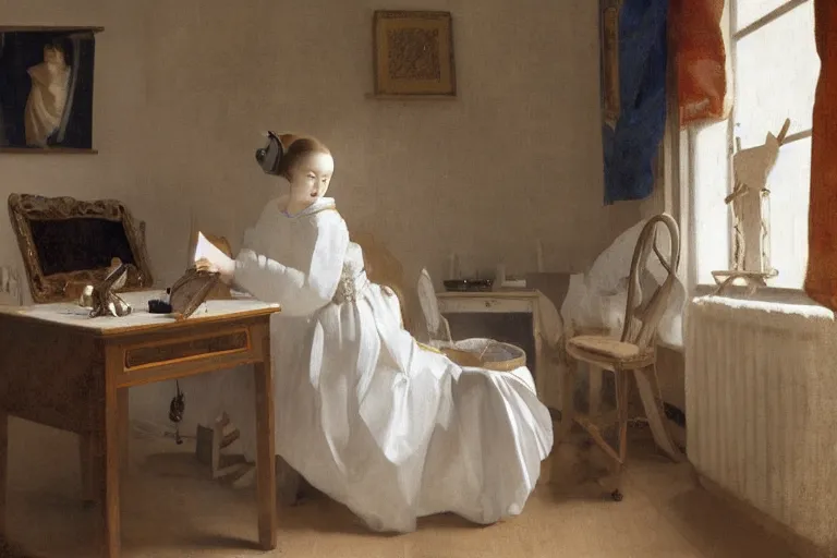 Prompt: a young lady in a baroque white dress, studying with headphones in a messy teenager's room by makito shinkai and vermeer, warm light, highly detailed