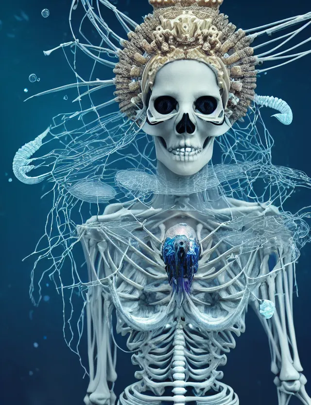 Image similar to 3 d goddess skeleton macro close - up portrait with crown made of ram skull. betta fish, jellyfish phoenix, bioluminiscent fire, plasma, ice, water, wind, creature, super intricate ornaments artwork by tooth wu and wlop and beeple and greg rutkowski