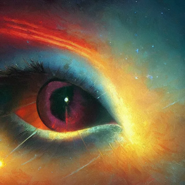 Image similar to a closeup view of the beautiful human eye, iris of the human eye, iris turning into landscapes, fantasy landscape, colorful, sharp and focus, ultra detailed, beautifully lit landscape, astrophotography, in the art style of dan mumford, ivan aivazovsky and marc simonetti